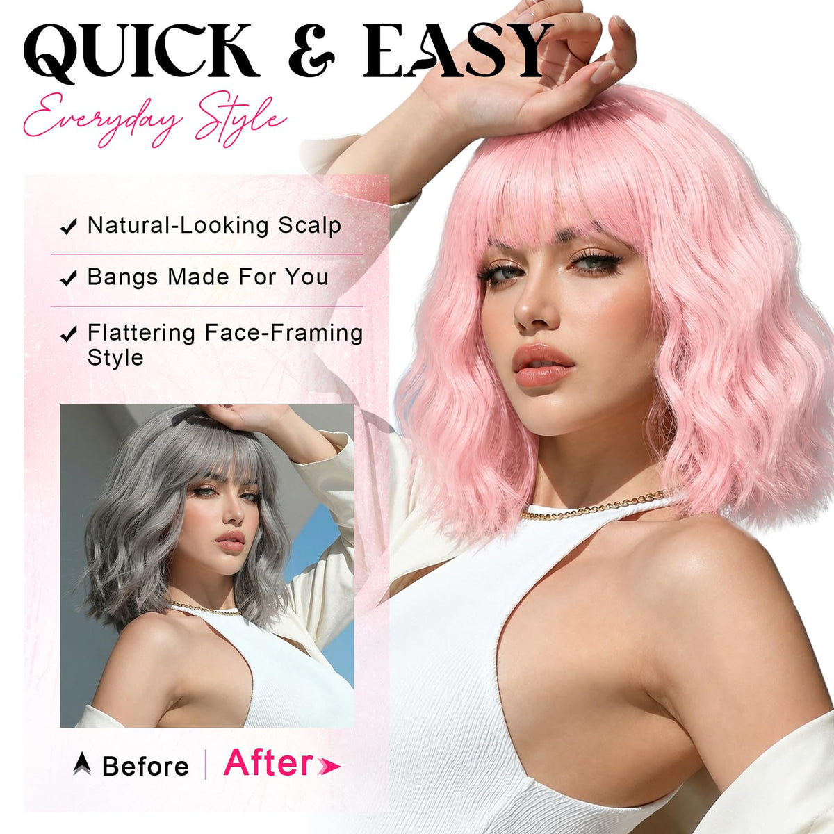 NOSTALGIA Wigs for Women, Short Wavy Bob Wig with Bangs, Trimmable Bangs, Shoulder Length, Black To Brown Heat Resistant Synthetic Wig for Daily Party Use, 14 Inch