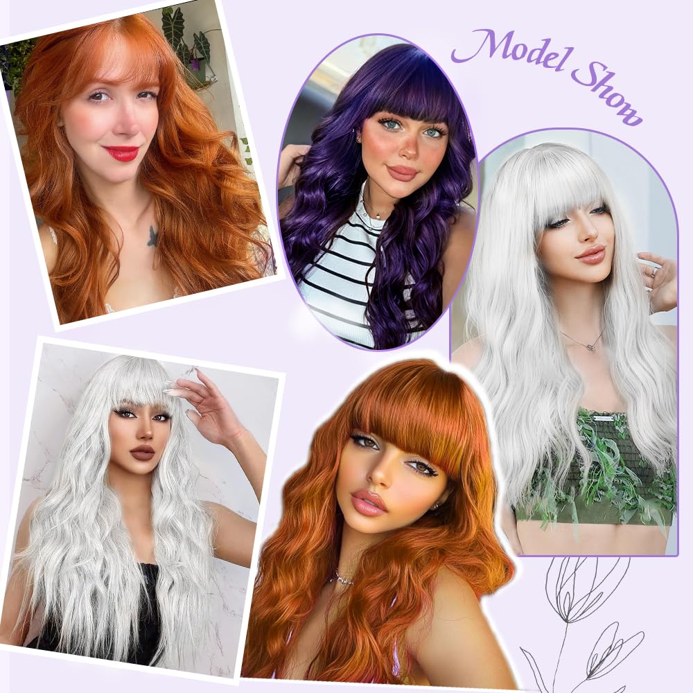 Black Wig with Bangs Long curly wavy Wigs for Women26In Synthetic Black Wig