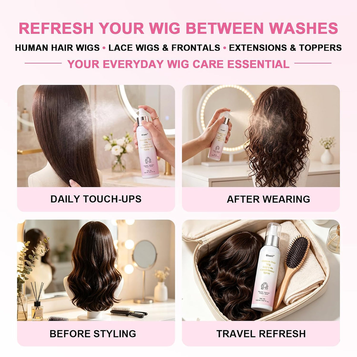 Wig Spray for Human Hair & Synthetic Wigs, Leave-In Conditioner & Detangler