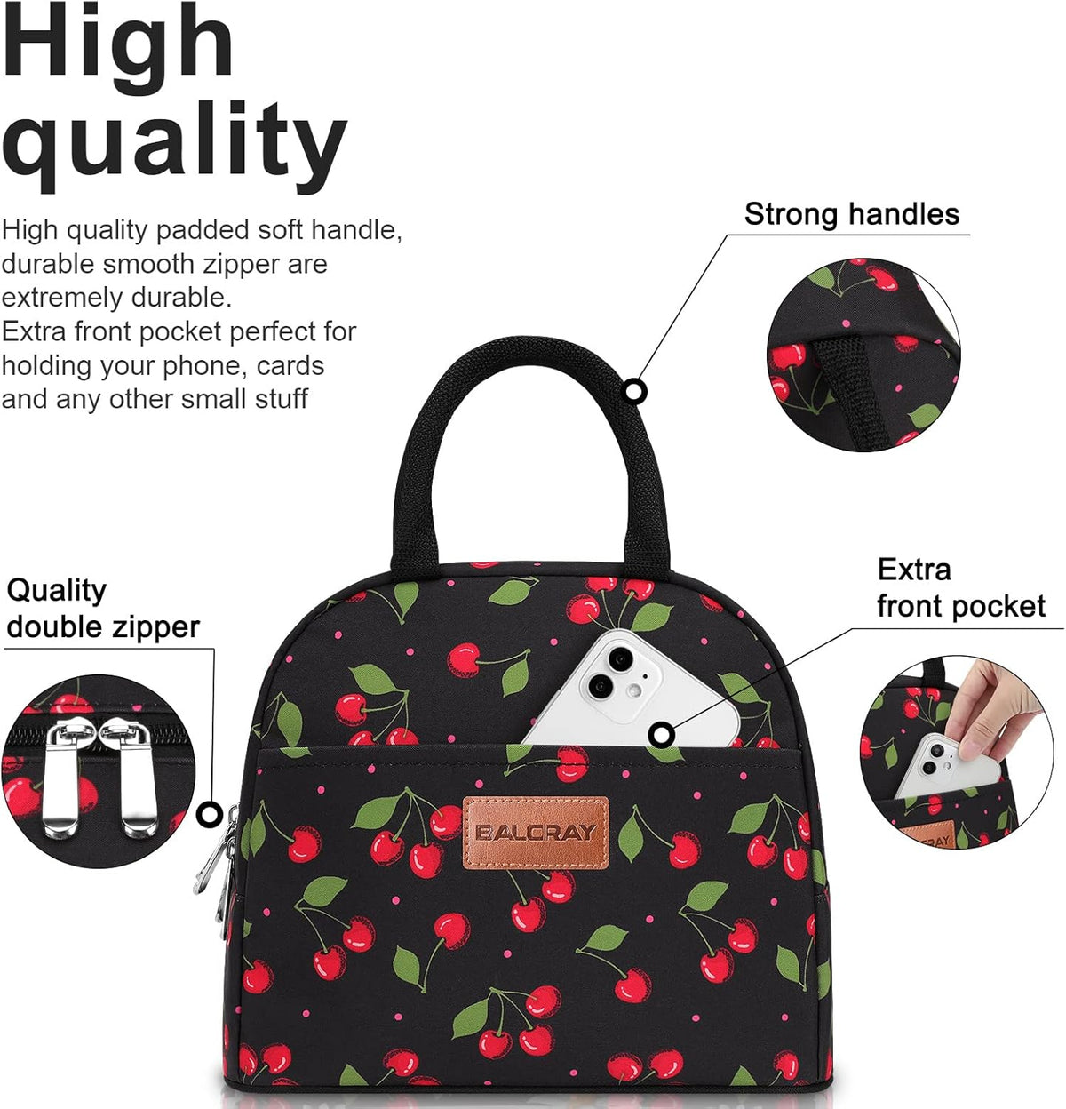 BALORAY Lunch Bag for Women Men Adult Lunch Box (Cherry), M