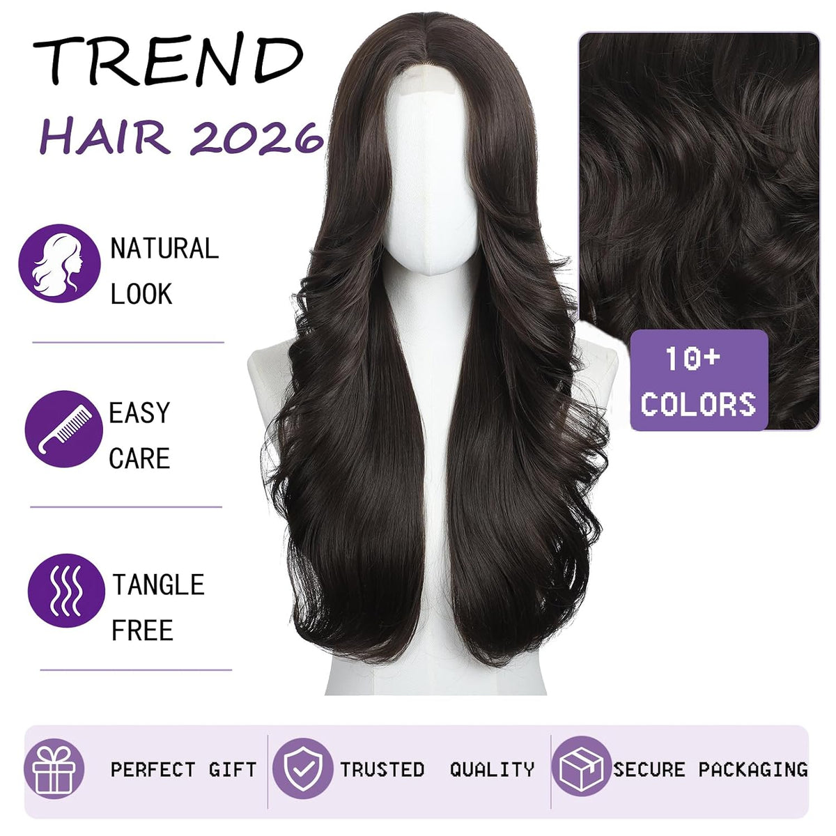 Brown Wigs for Women 26 Inch Middle Part Wavy Synthetic Wig