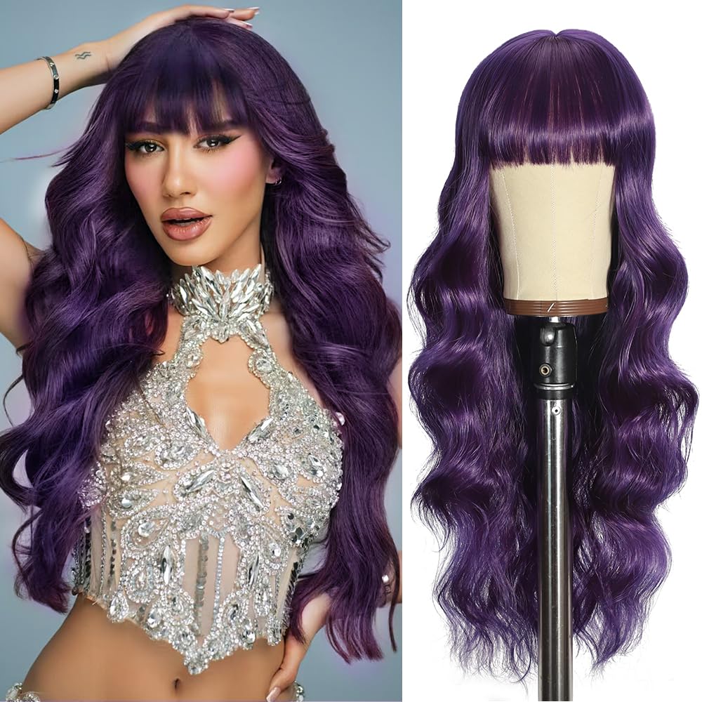 Black Wig with Bangs Long curly wavy Wigs for Women26In Synthetic Black Wig