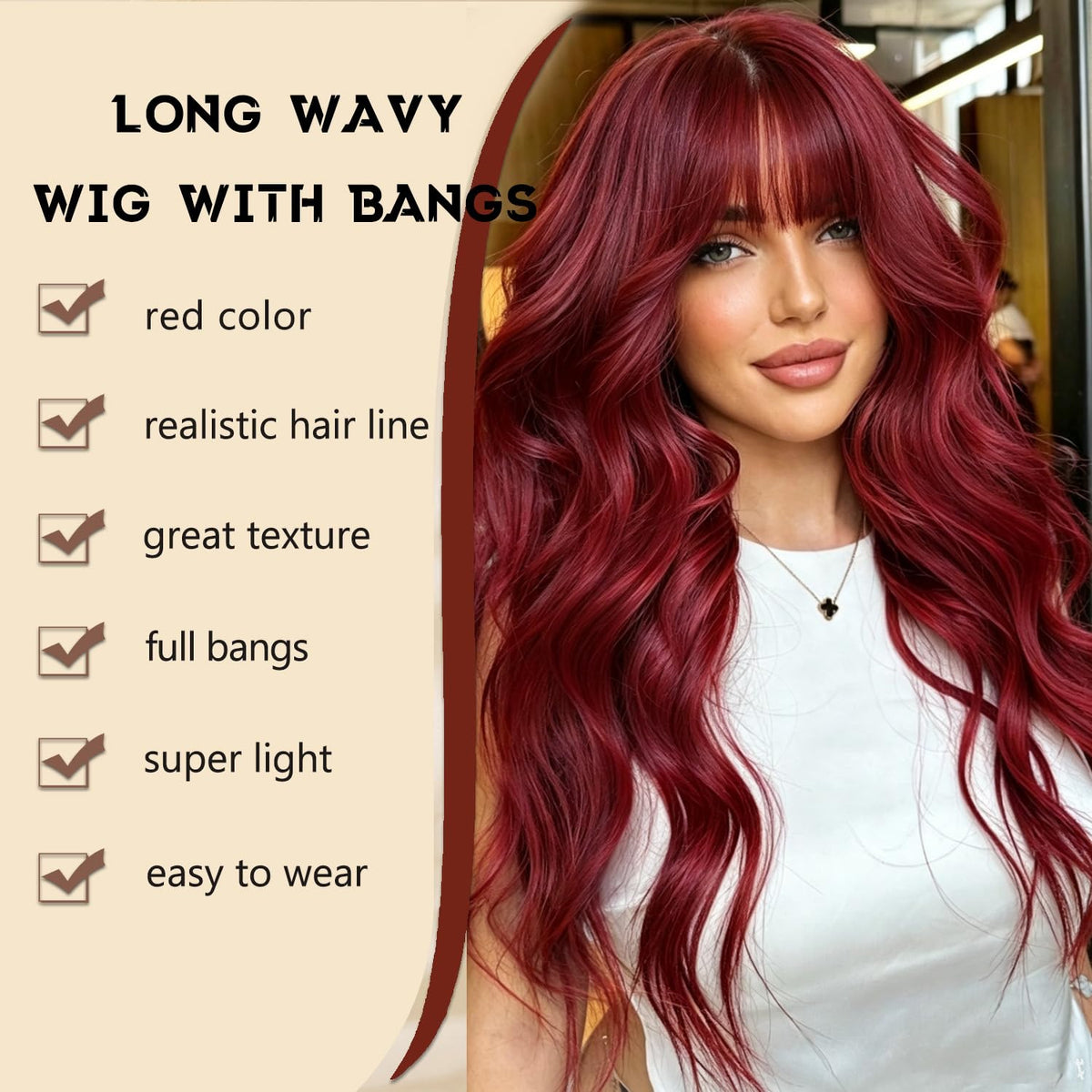 Burgundy Wig with Bangs for Women, Long Wavy Red Wig 26 Inch Wigs Heat Resistant Sythetic Wig for Daily Party Use