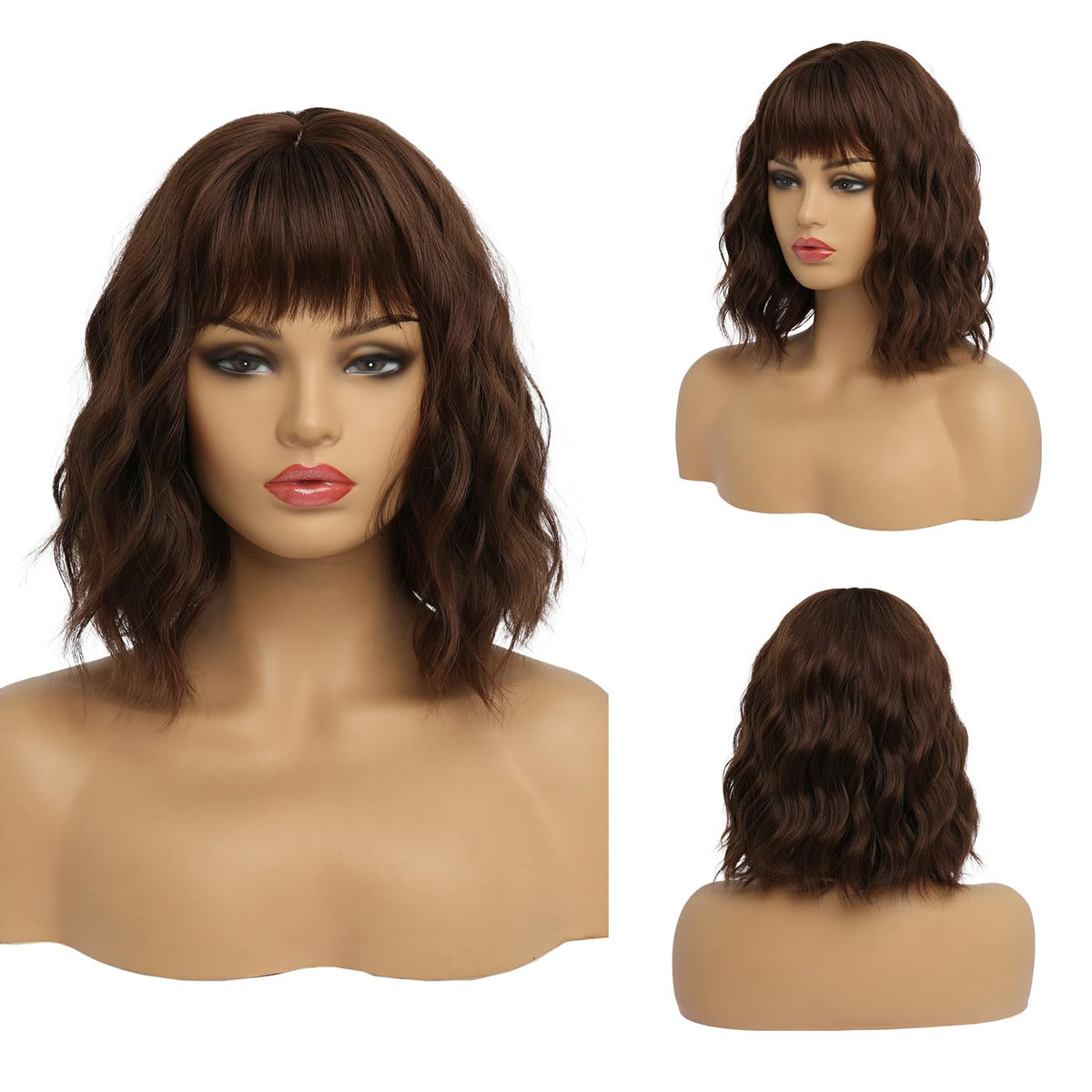 White Silver Wigs for Women Ombre Grey Wavy Bob Short Wigs with Bangs Medium Length Synthetic Hair Water Wave Dark Roots Wig Gray Colorful Wigs（14 Inches）