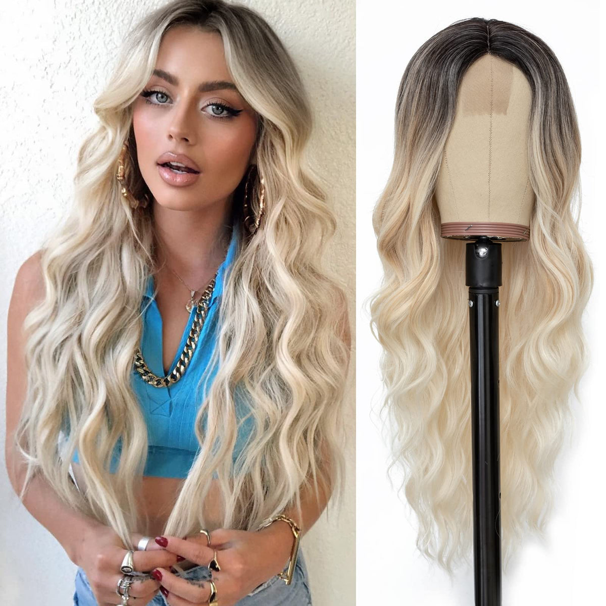 NAYOO Ice Blue Wig for Women, 26 Inch Middle Part Wavy Synthetic Wig