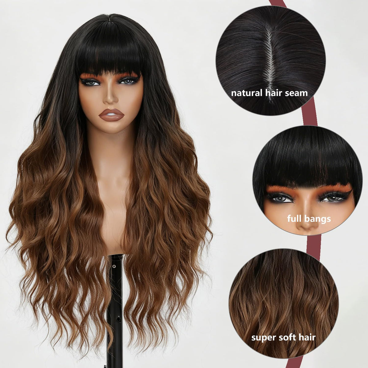 Burgundy Wig with Bangs for Women, Long Wavy Red Wig 26 Inch Wigs Heat Resistant Sythetic Wig for Daily Party Use