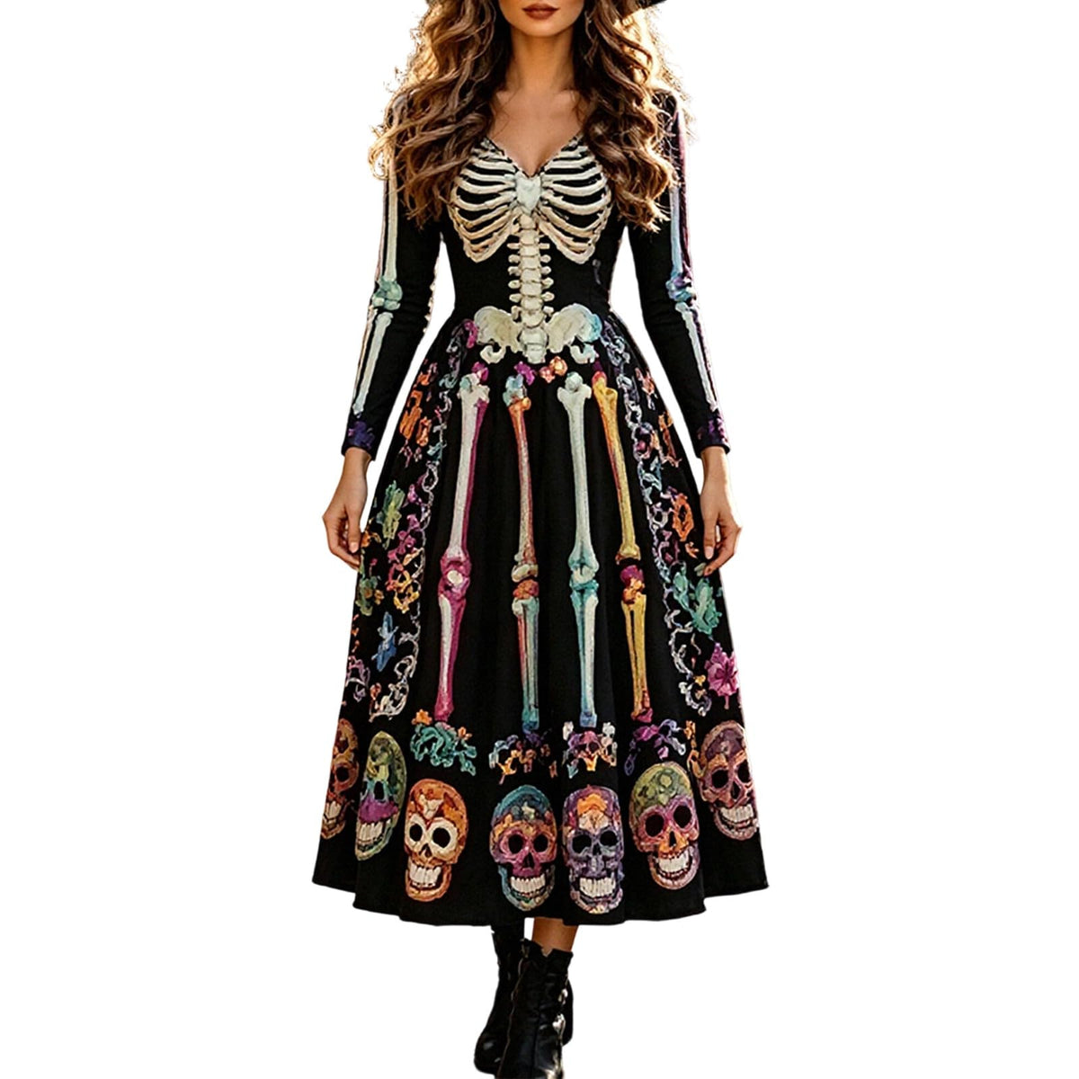 Halloween Dresses For Women V-Neck Skull Print Witch Costumes Gothic Dress
