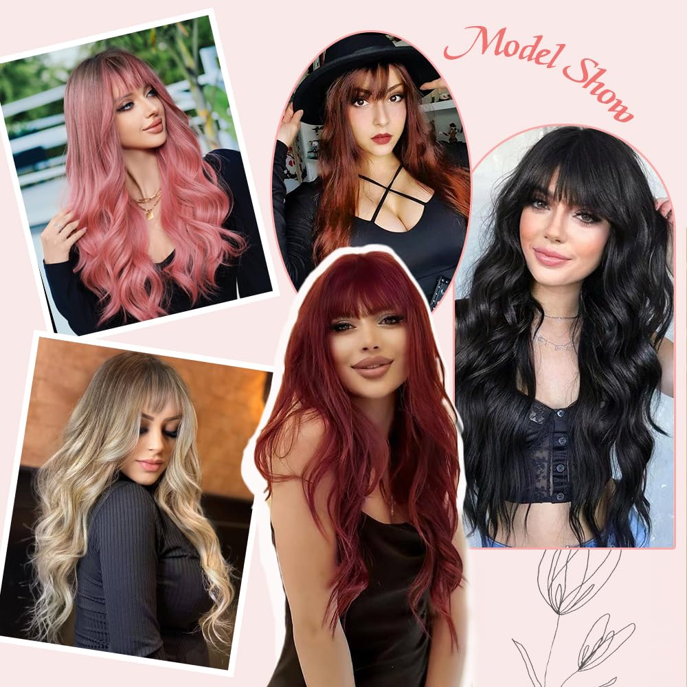 Black Wig with Bangs Long curly wavy Wigs for Women26In Synthetic Black Wig