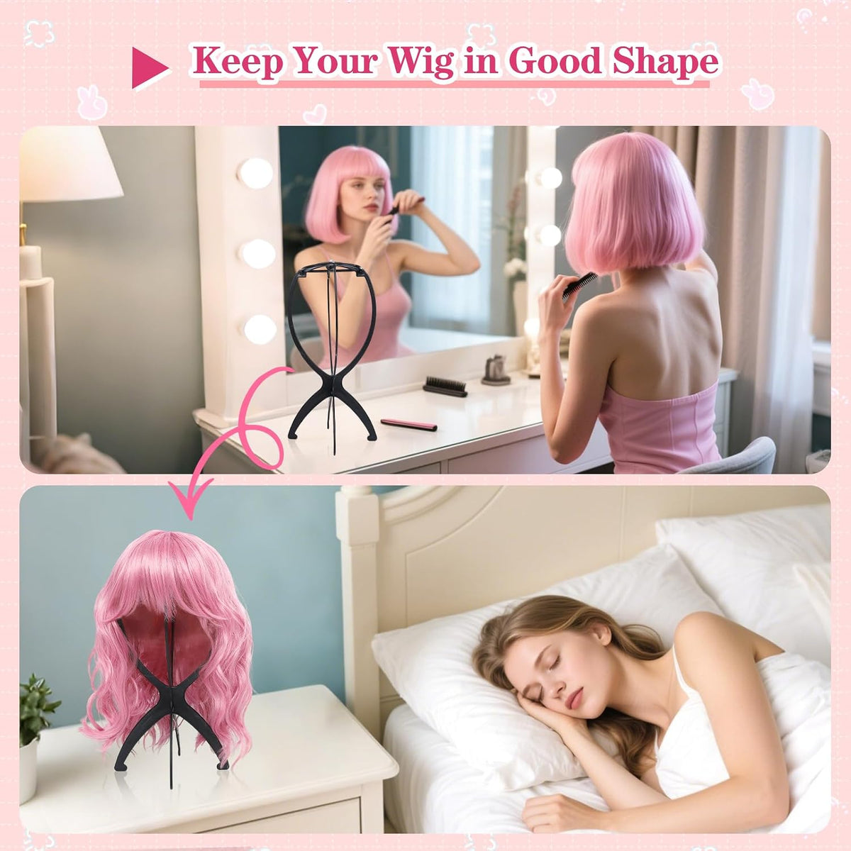 Portable Wig Stand Holder for Multiple Wigs, Black 2 Pack