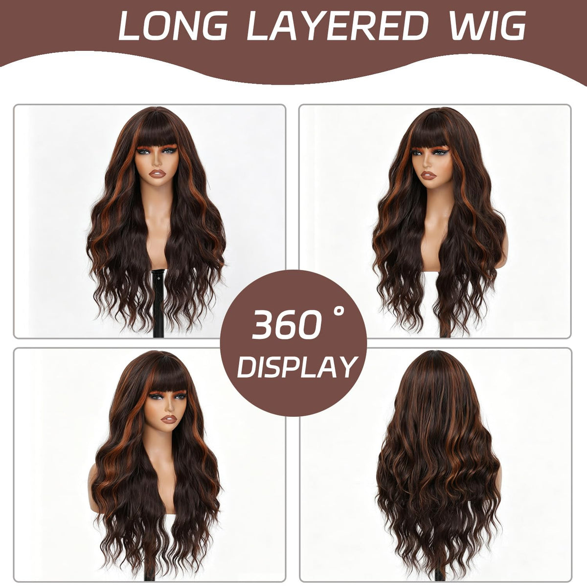 Burgundy Wig with Bangs for Women, Long Wavy Red Wig 26 Inch Wigs Heat Resistant Sythetic Wig for Daily Party Use