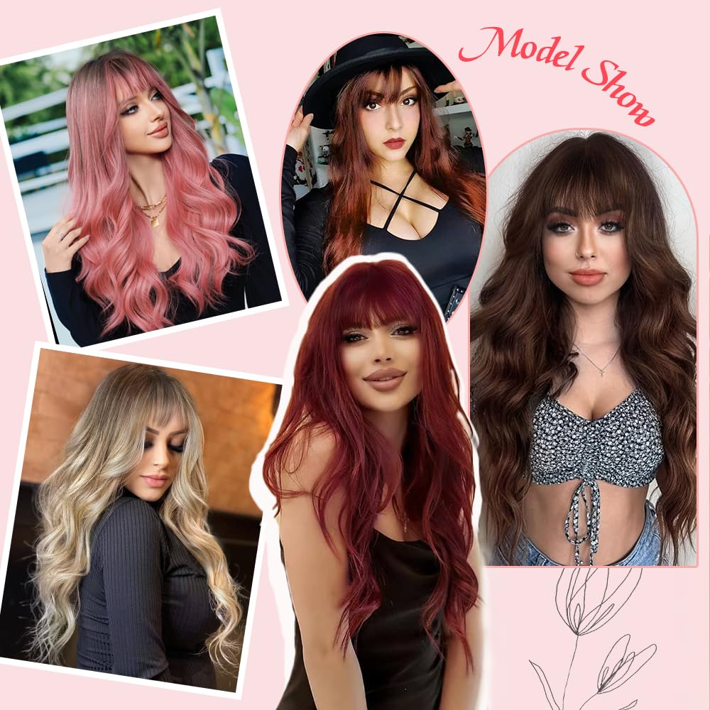 Black Wig with Bangs Long curly wavy Wigs for Women26In Synthetic Black Wig