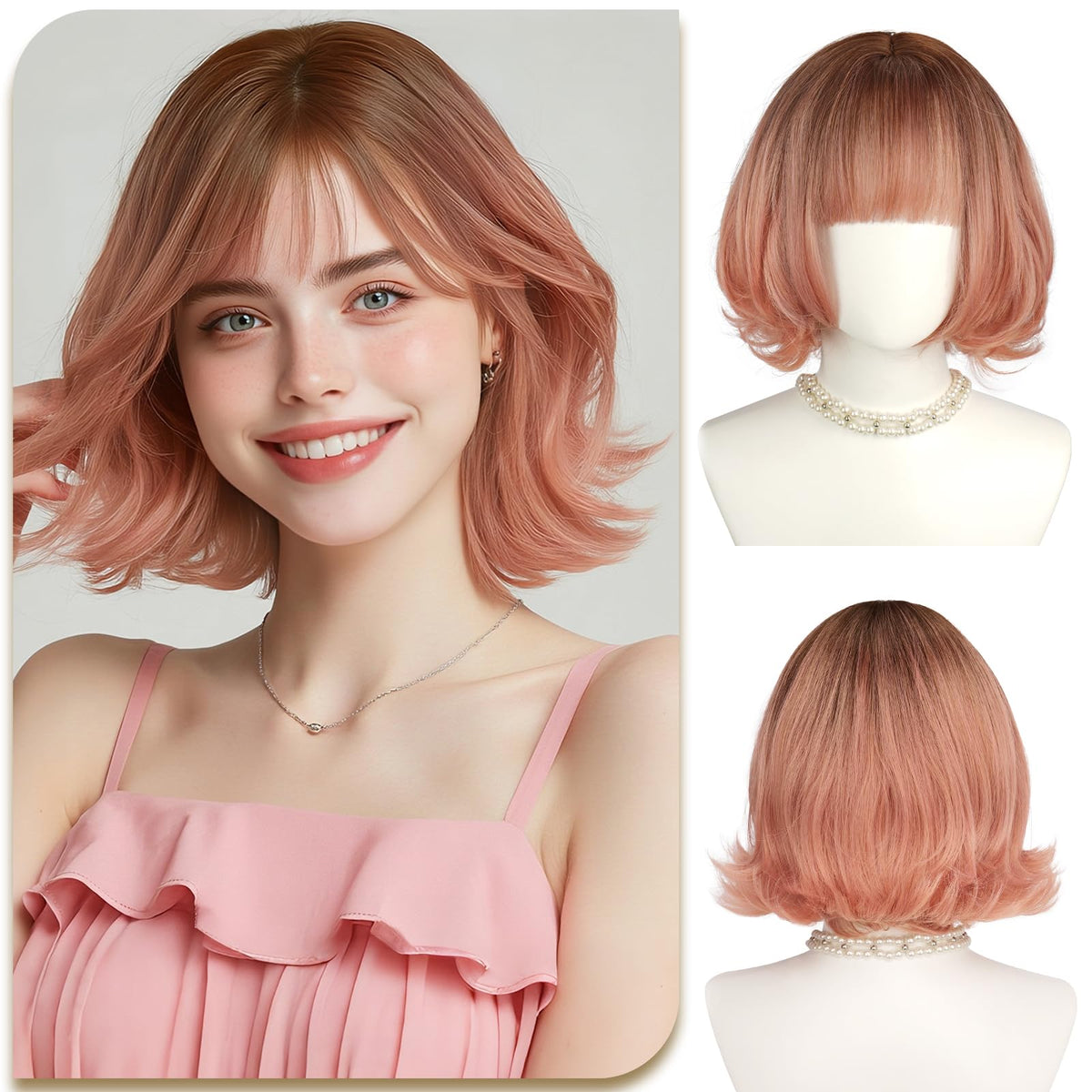 SOFEIYAN Short Wavy Violet Blue Wig - 12 Inch Dark Ginger Bob Wig with Bangs for Women Curly Shoulder Length Bob Wig with Bangs Soft Synthetic Hair Wigs for Girls Daily Party Use