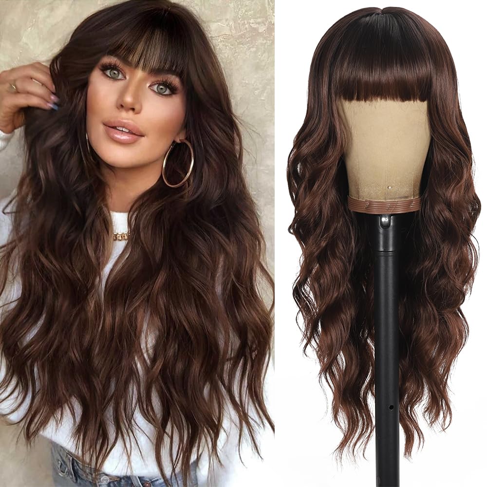 Black Wig with Bangs Long curly wavy Wigs for Women26In Synthetic Black Wig