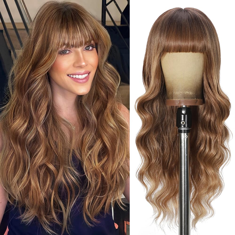 Black Wig with Bangs Long curly wavy Wigs for Women26In Synthetic Black Wig