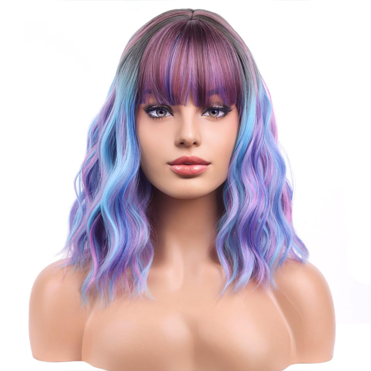 BERON 14 Inches Pink Wig for Women Girls Short Curly Synthetic Wig with Bangs Lovely Pink