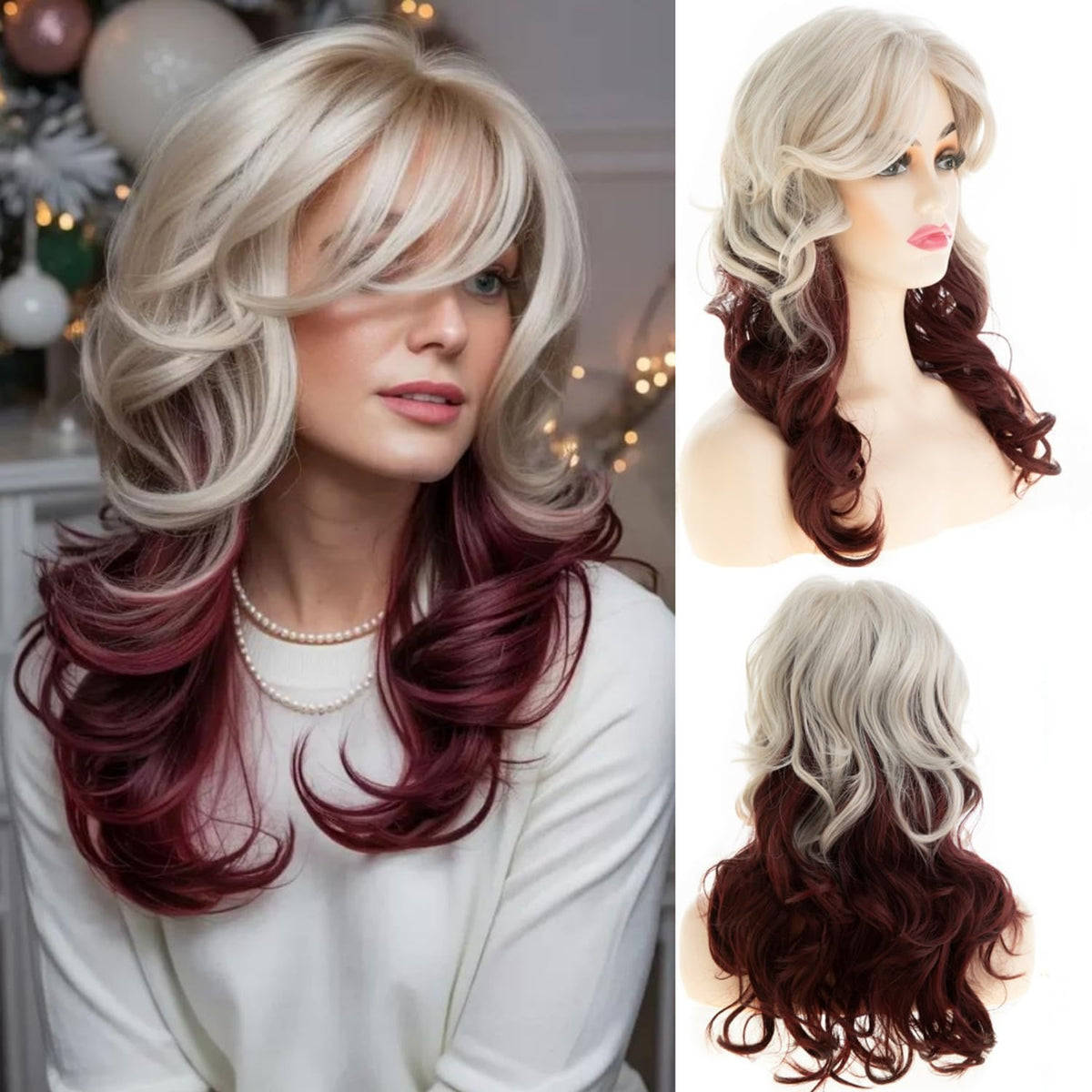 Long Curly Wavy Silver Grey to Purple Wig Side Part Natural Looking Synthetic Cosplay Wig for Women