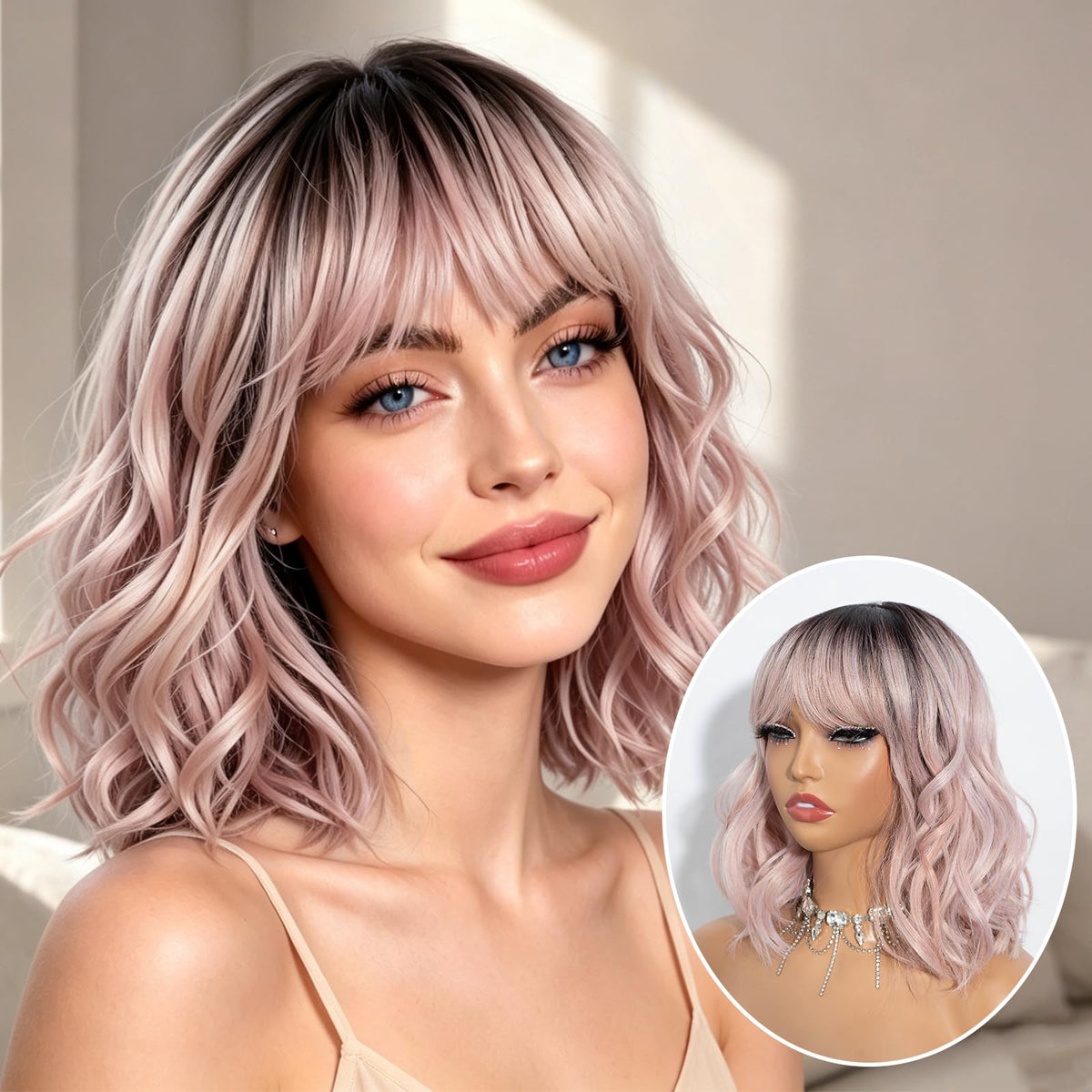 NOBLE Blue Wig with Bangs 12 Inches Short Bob Curly Wig Blue Wigs for Women Colorful Wavy Bob Wigs with Air Bangs Heat Resistant Synthetic Silver Blue Halloween Wigs for Cosplay Party