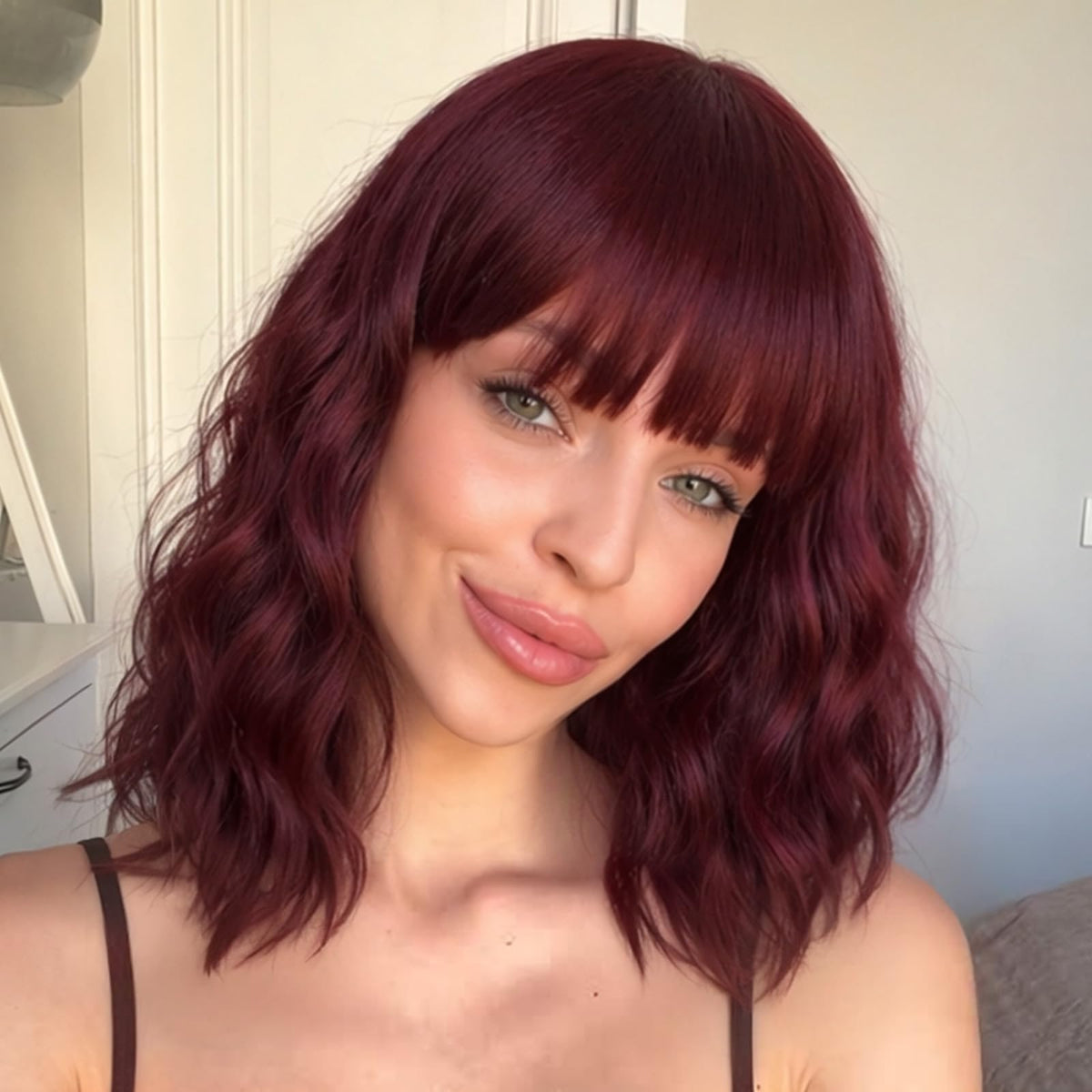 Nnzes Short Wavy Bob Wig with Bangs for Women Shoulder Length Curly Dark Brown with Purple Synthetic Heat-Resistant Fiber Hair for Daily & Party Use