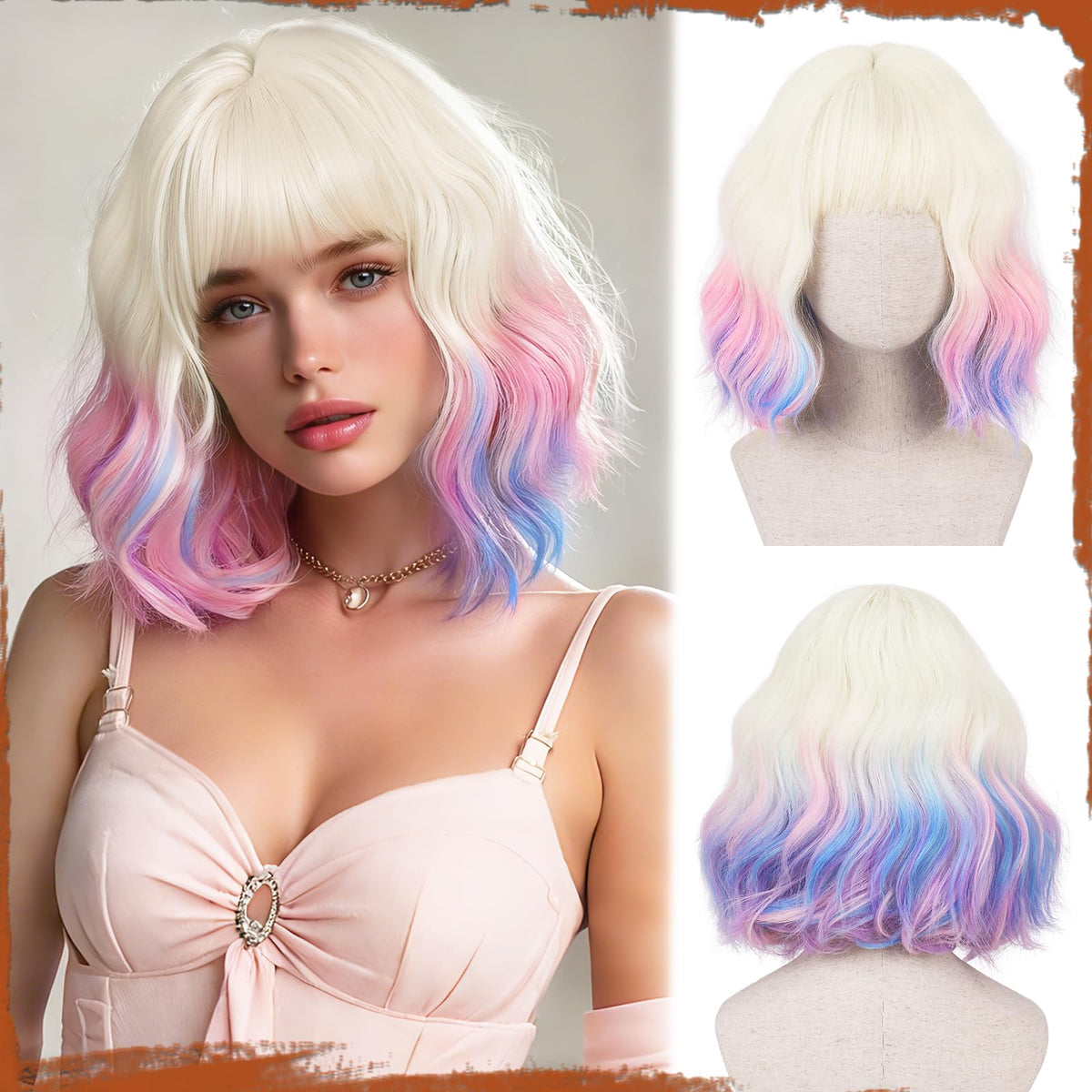 SOFEIYAN Short Wavy Violet Blue Wig - 12 Inch Dark Ginger Bob Wig with Bangs for Women Curly Shoulder Length Bob Wig with Bangs Soft Synthetic Hair Wigs for Girls Daily Party Use