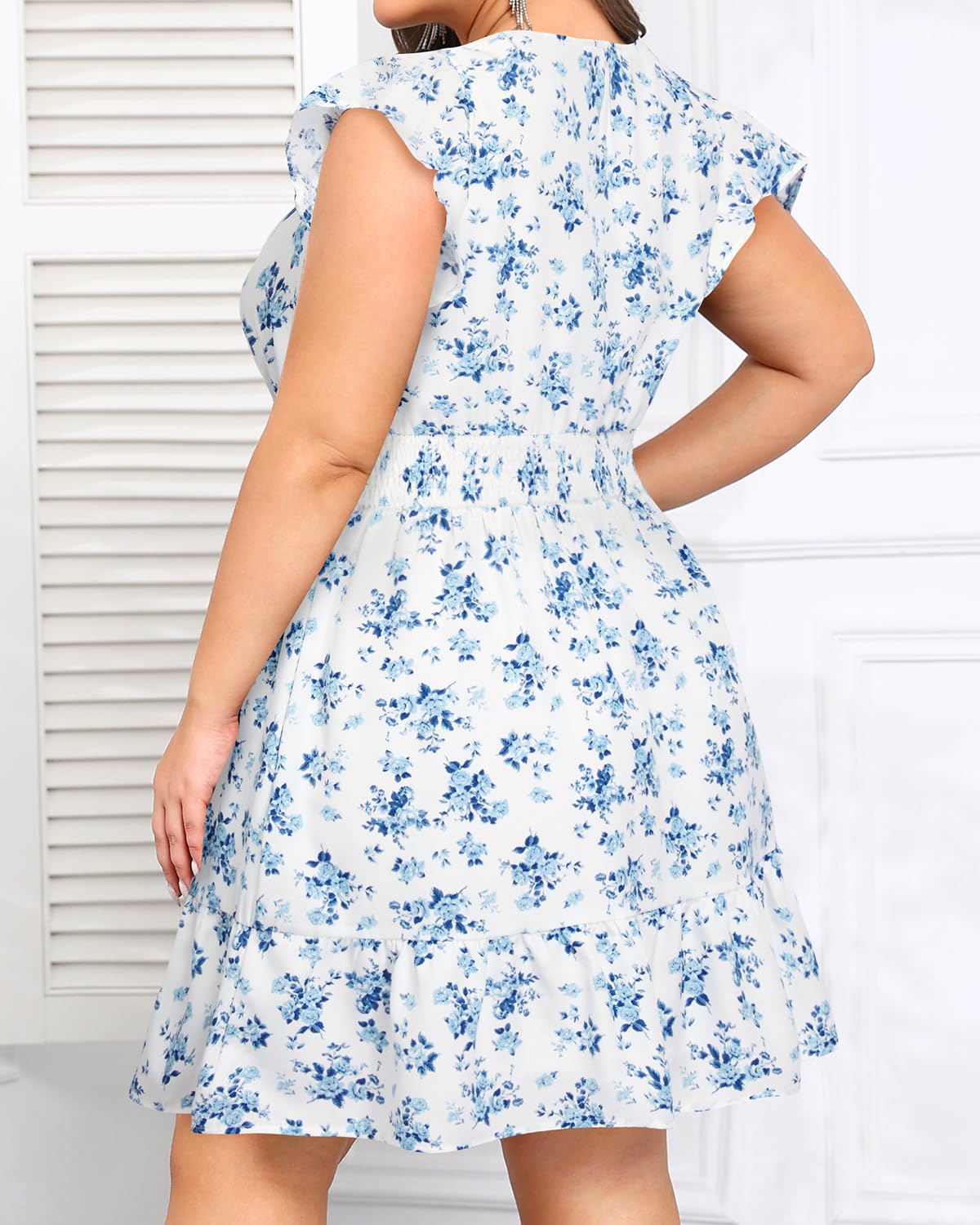 Talisea Womens Plus Size V Neck Ruffle Sleeve Flowy Summer Dress