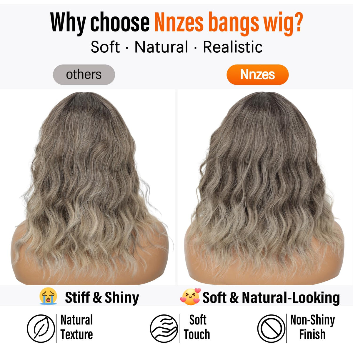 Nnzes Short Wavy Bob Wig with Bangs for Women Shoulder Length Curly Dark Brown with Purple Synthetic Heat-Resistant Fiber Hair for Daily & Party Use
