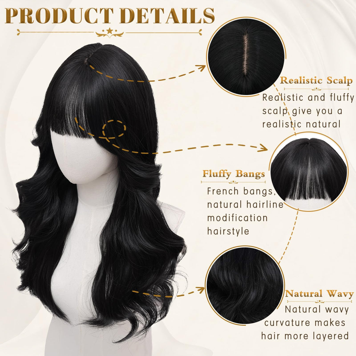 Rooted Honey Wig with Bangs for Women 24 Inch Long Wavy Synthetic Hair