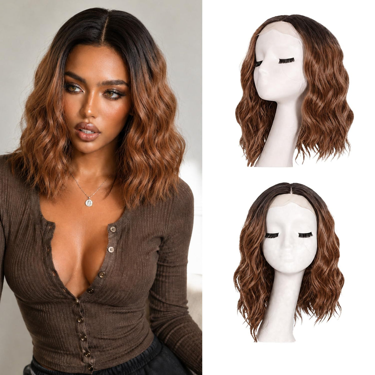 Short Wavy Wig with Bangs Black Mixed Brown Bob Curly Wigs for Women 14inch