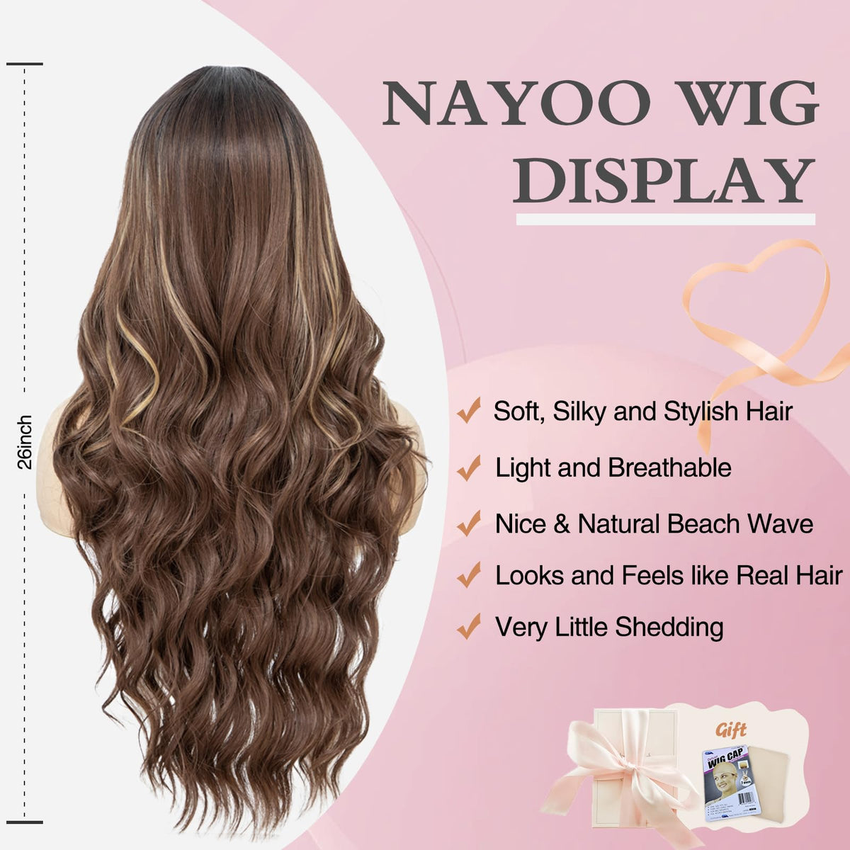 NAYOO 26 Inch Long Wavy Black Wig for Women, Middle Part Natural Looking Synthetic Wig, Heat Resistant Fiber Soft & Lightweight, Realistic Scalp Long Curly Wig for Daily Wear Party Cosplay