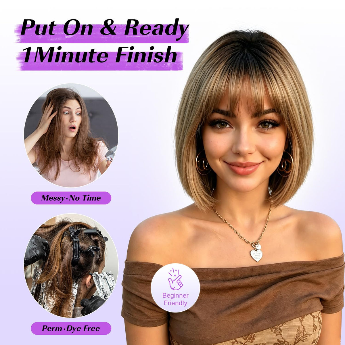Hightlight Brown Bob Wig With Bangs Short Bob Wigs for Women Girl