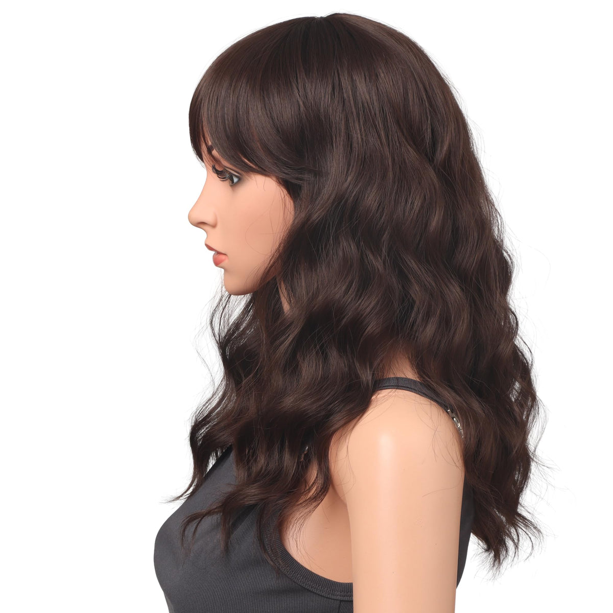 18 Inch Wavy Wig with Bangs – Black With Brown Highlights Heat Resistant Synthetic Hair, Soft Silky & Natural Looking for Women