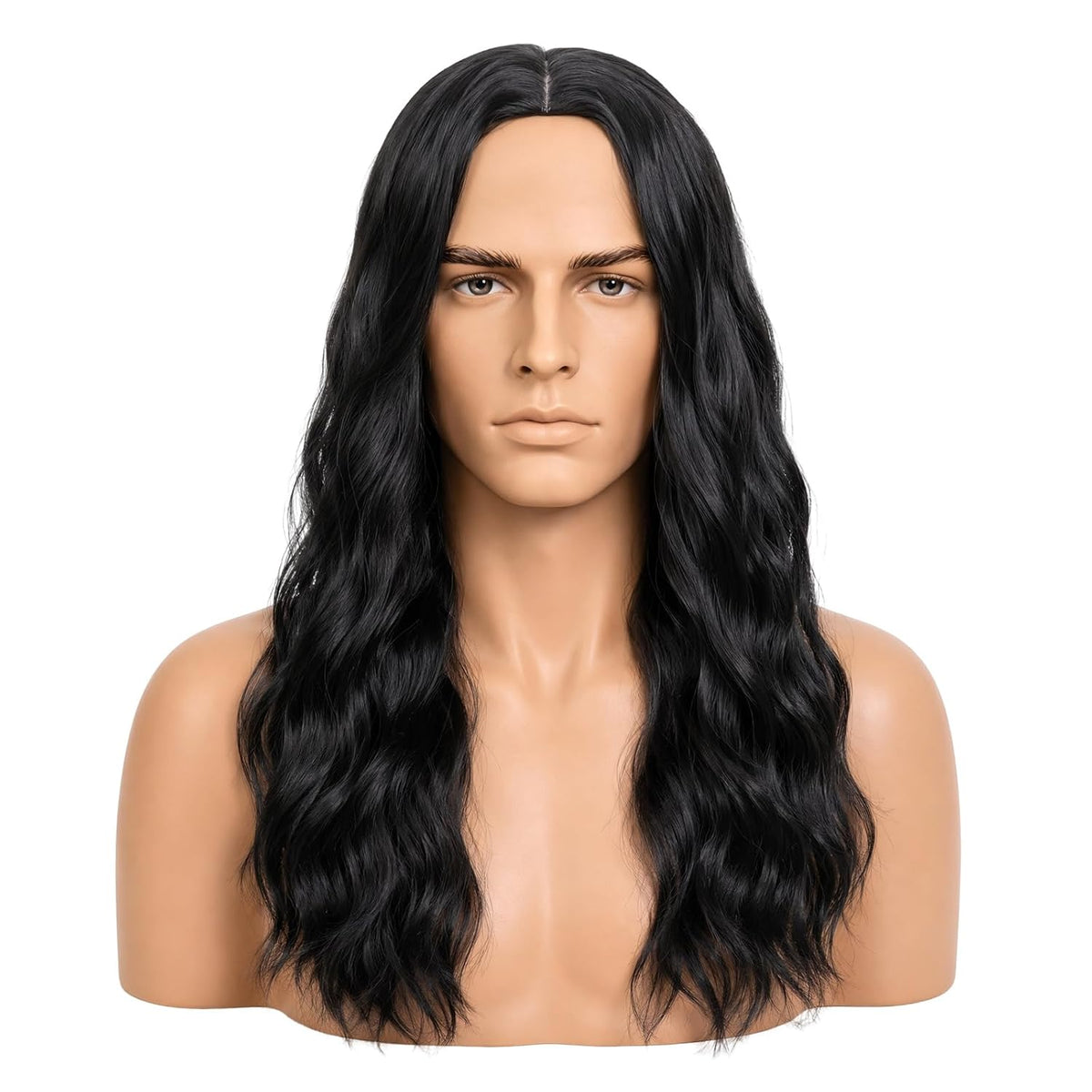 Black Male Wig Long Wavy Black Wig Shoulder Length for Halloween Cosplay