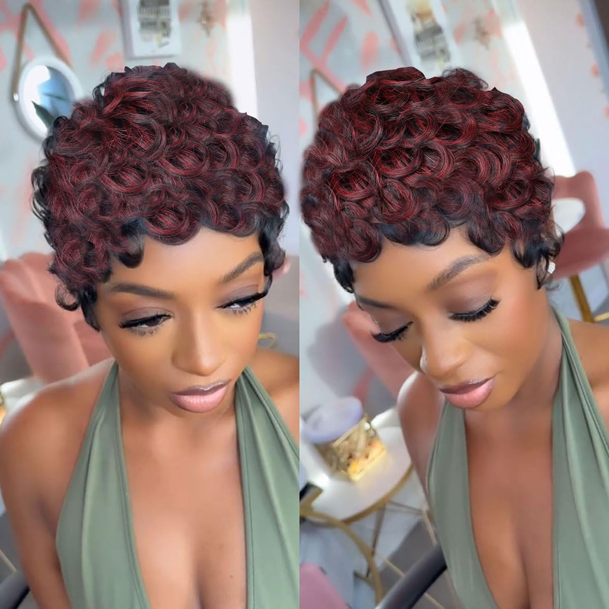 VRZ Pixie Cut Wigs for Black Women Brazilian Curly Pixie Cut Wig Human Hair Glueless Short Layered Wigs With Bangs Natural Black Color No Glue Human Hair Wig for Daily Use