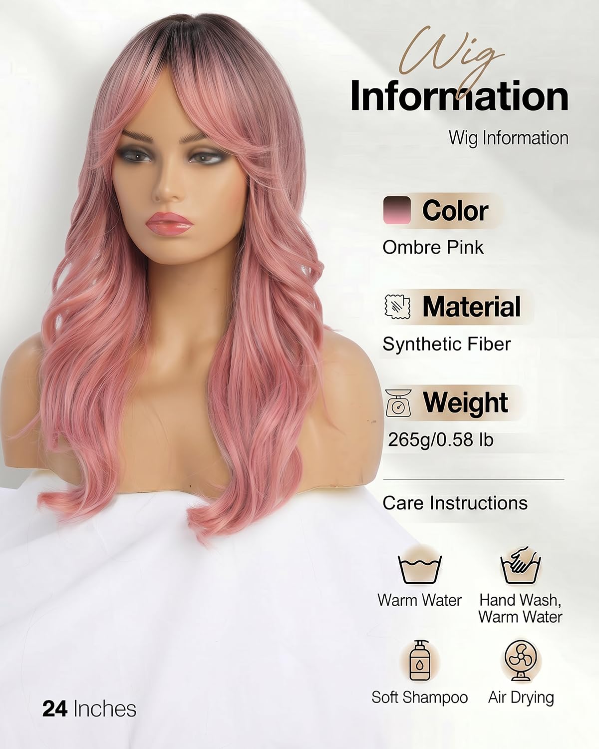 Ombre Pink Wavy Wig with Curtain Bangs 26 Inch – Long Layered Synthetic Hair Wig for Women, Natural Looking Dark Root Heat Resistant Wig, Soft Thick Full Wig for Daily Wear Party Cosplay