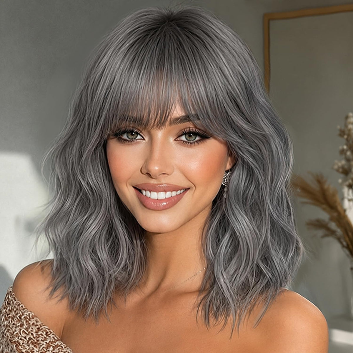 Nnzes Short Wavy Bob Wig with Bangs for Women Shoulder Length Curly Dark Brown with Purple Synthetic Heat-Resistant Fiber Hair for Daily & Party Use