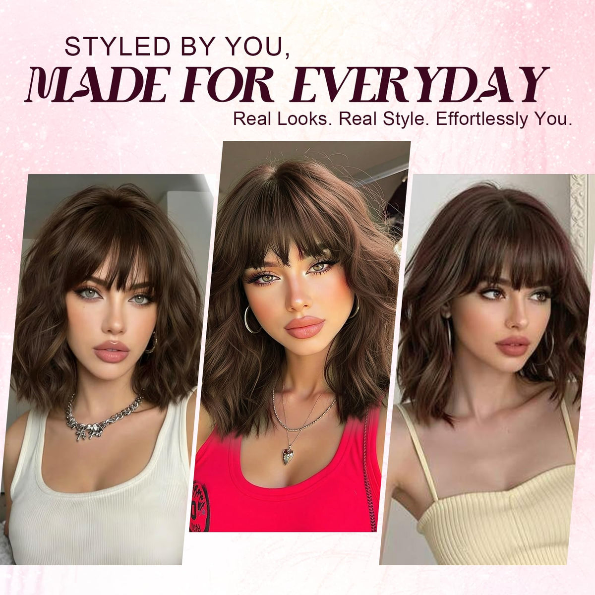 NOSTALGIA Wigs for Women, Short Wavy Bob Wig with Bangs, Trimmable Bangs, Shoulder Length, Black To Brown Heat Resistant Synthetic Wig for Daily Party Use, 14 Inch