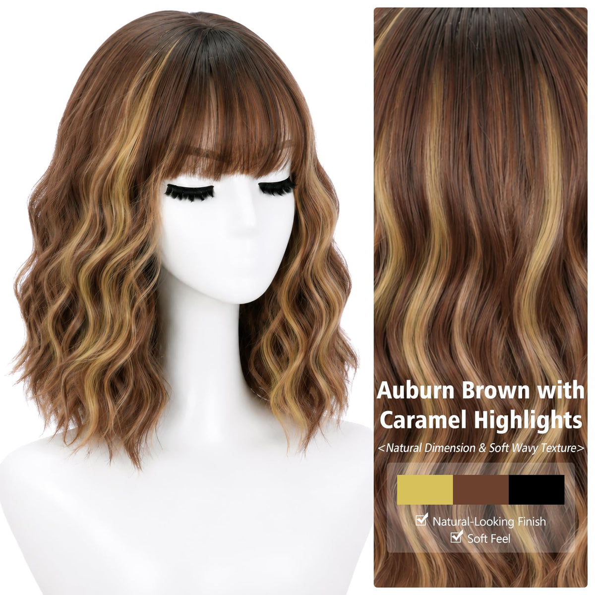 NOSTALGIA Wigs for Women, Short Wavy Bob Wig with Bangs, Trimmable Bangs, Shoulder Length, Black To Brown Heat Resistant Synthetic Wig for Daily Party Use, 14 Inch