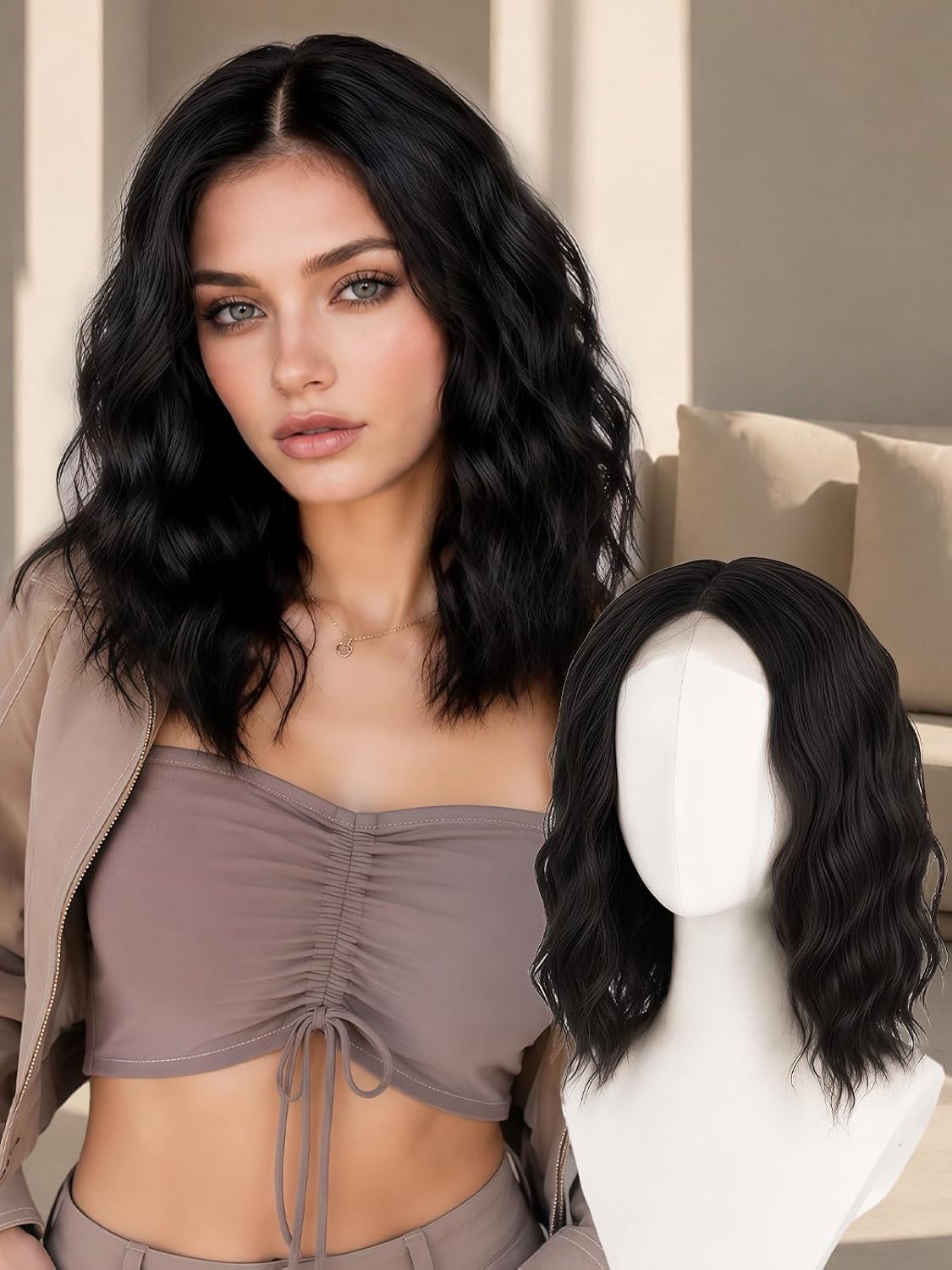 Brown Highlight T Part Lace Front Wig 14 Inch Wavy Bob Glueless Wig