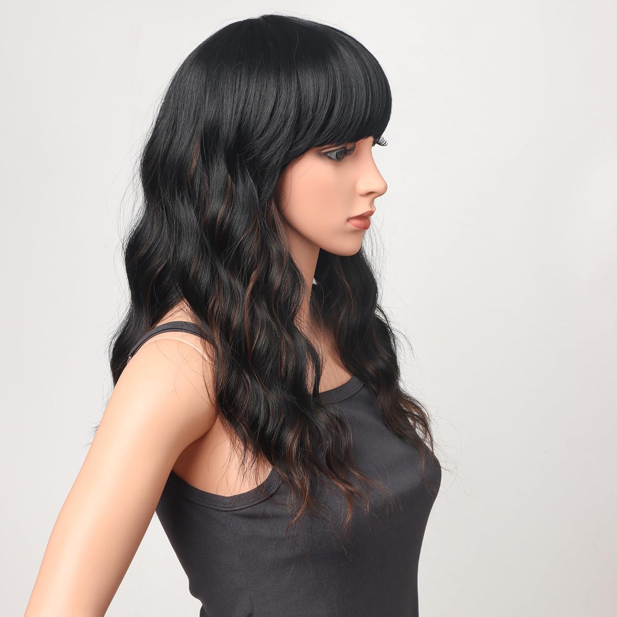 18 Inch Wavy Wig with Bangs – Black With Brown Highlights Heat Resistant Synthetic Hair, Soft Silky & Natural Looking for Women