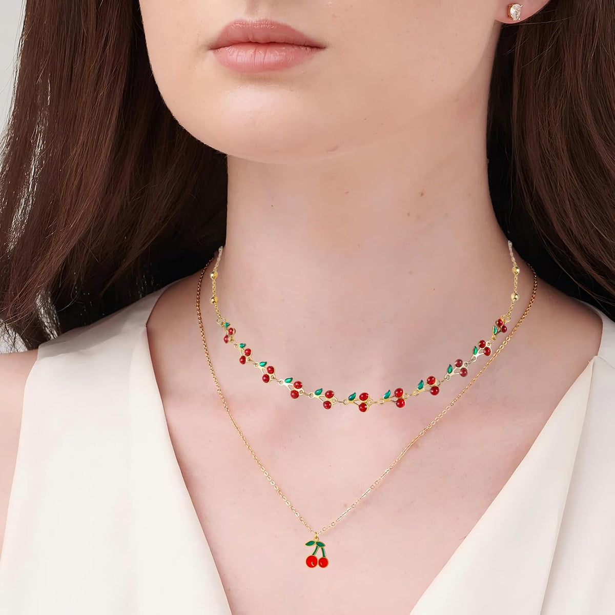Jojomina Cherry Necklace for Women Layered Summer Jewelry Accessories 2PCs