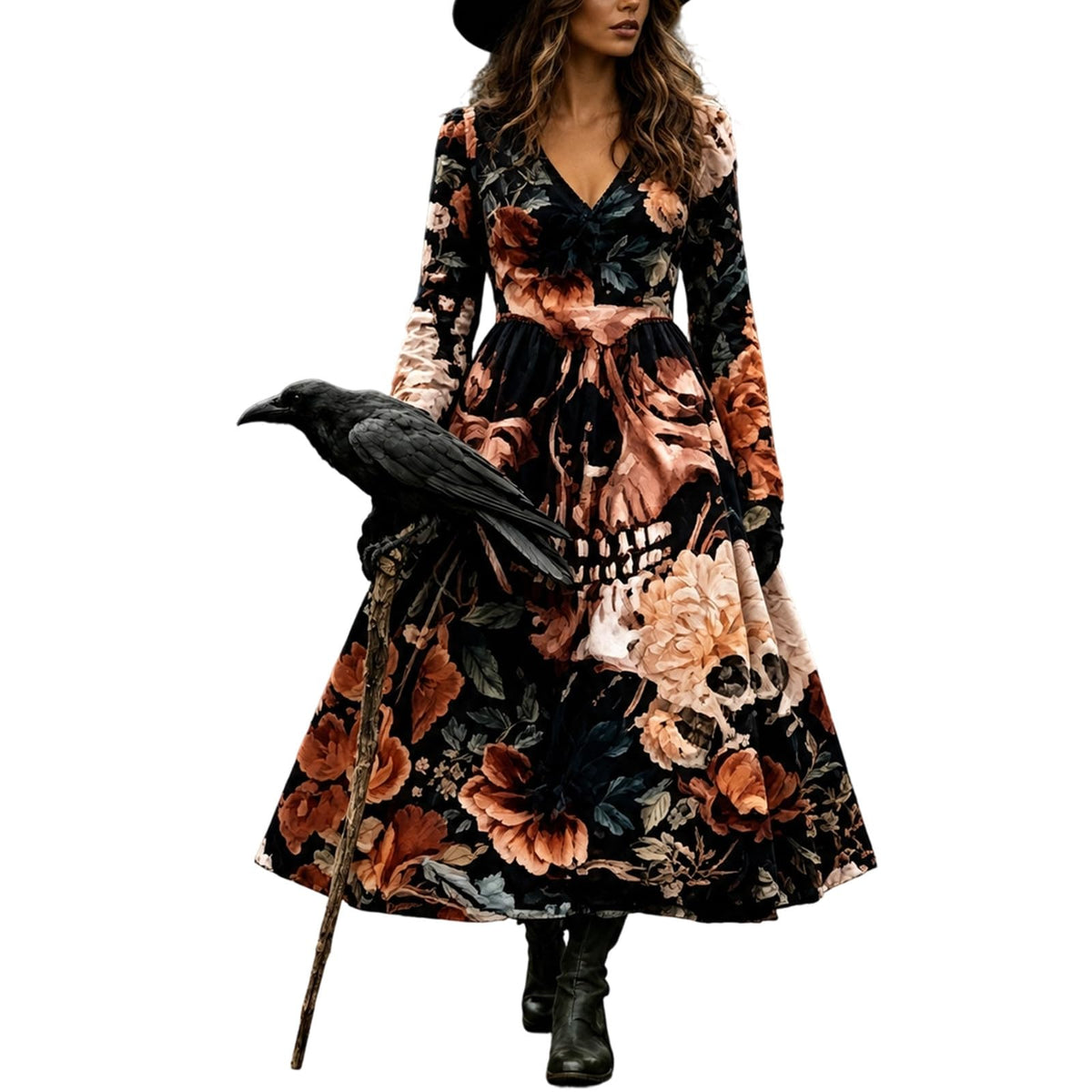 Halloween Dresses For Women V-Neck Skull Print Witch Costumes Gothic Dress