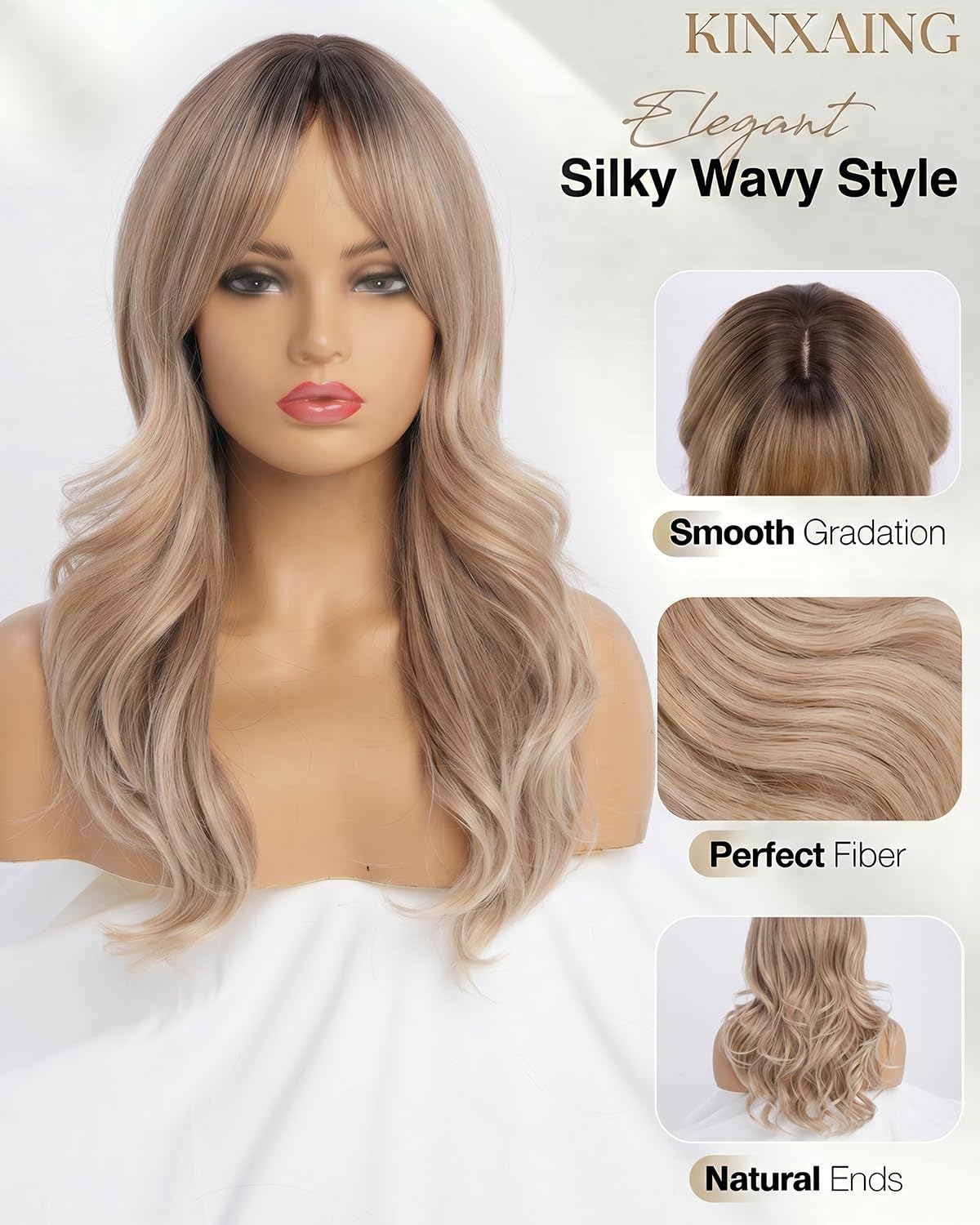 Ombre Pink Wavy Wig with Curtain Bangs 26 Inch – Long Layered Synthetic Hair Wig for Women, Natural Looking Dark Root Heat Resistant Wig, Soft Thick Full Wig for Daily Wear Party Cosplay
