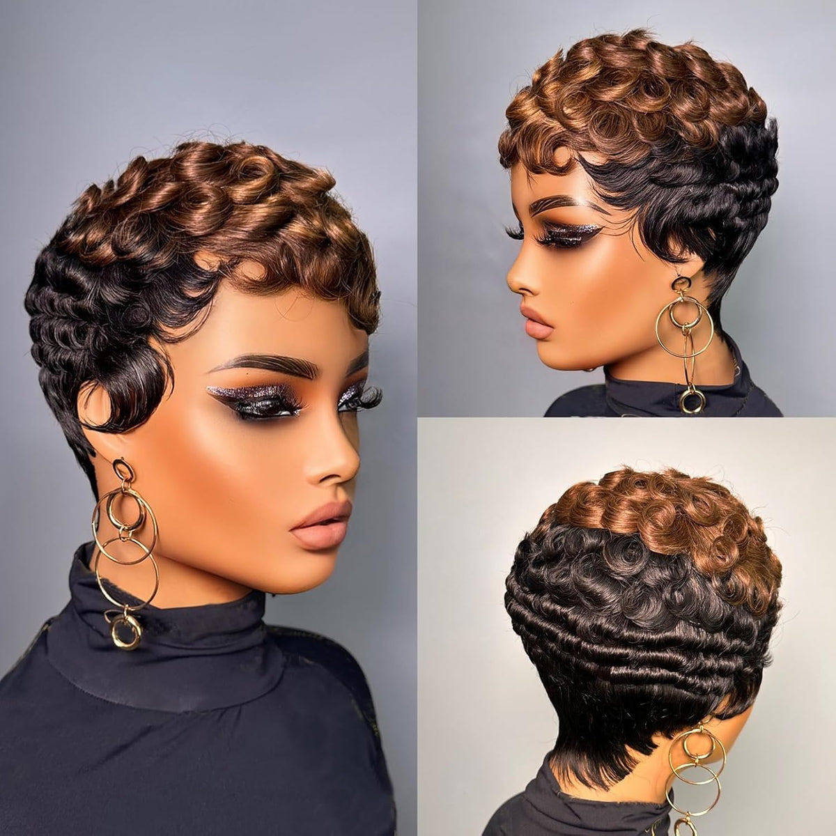 VRZ Pixie Cut Wigs for Black Women Brazilian Curly Pixie Cut Wig Human Hair Glueless Short Layered Wigs With Bangs Natural Black Color No Glue Human Hair Wig for Daily Use