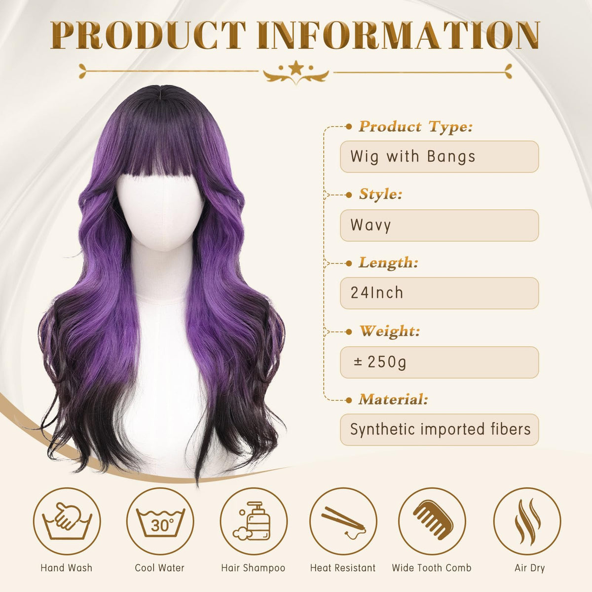 Rooted Honey Wig with Bangs for Women 24 Inch Long Wavy Synthetic Hair