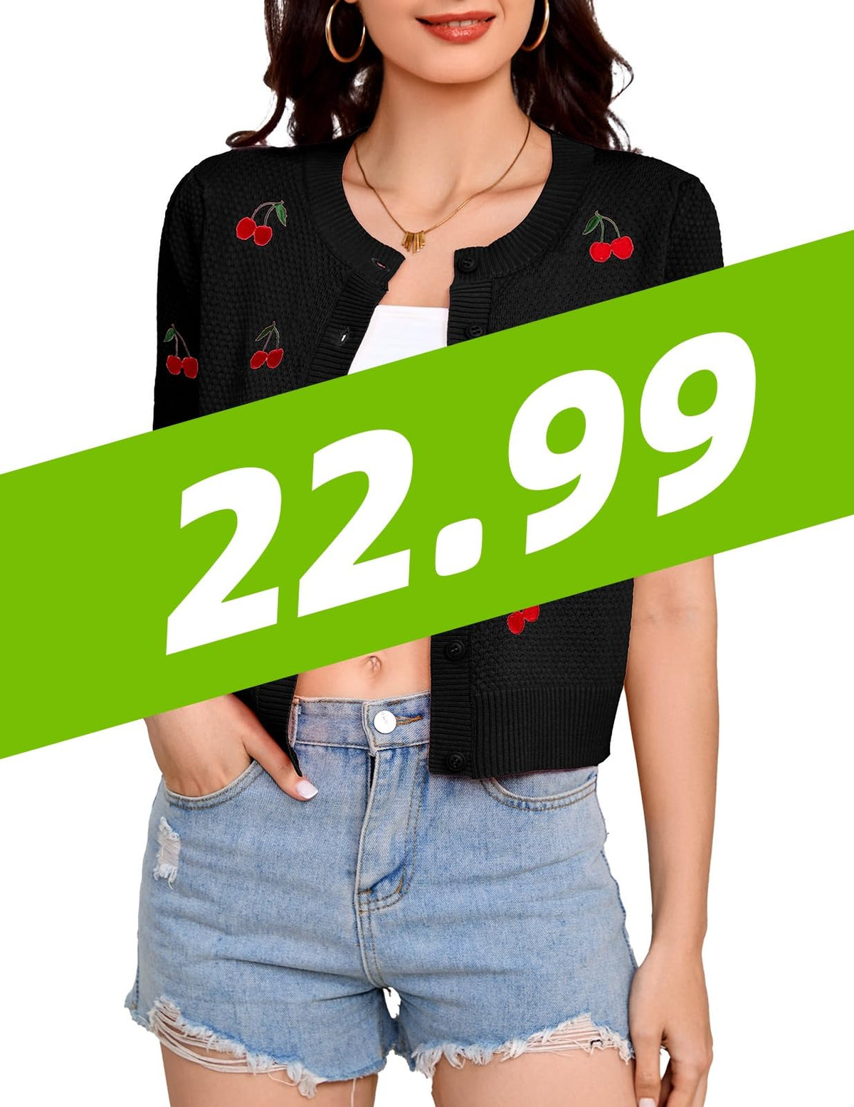 Bbonlinedress Women Cherry Short Sleeve Cardigan Tops Vintage Sweater Shirt