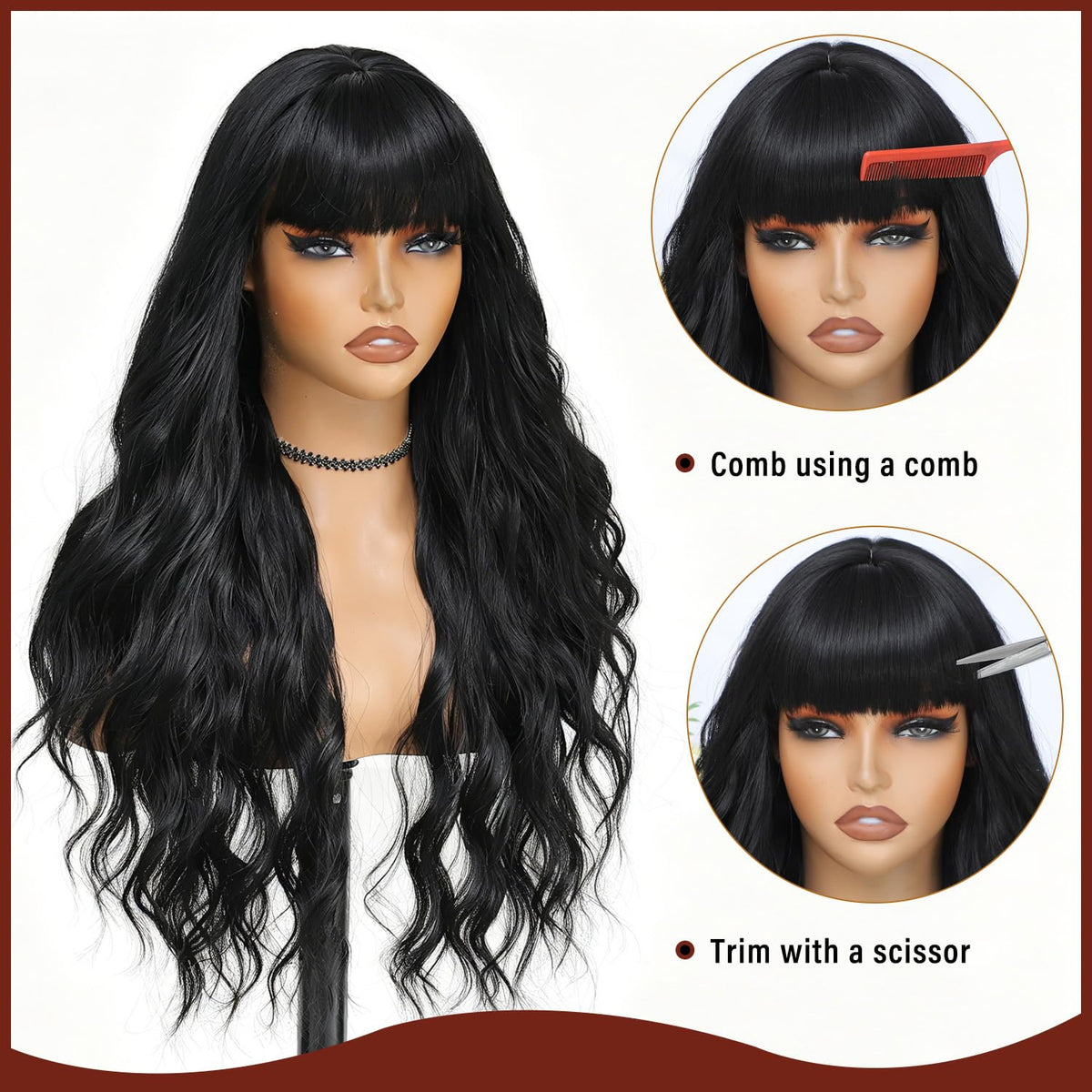 Burgundy Wig with Bangs for Women, Long Wavy Red Wig 26 Inch Wigs Heat Resistant Sythetic Wig for Daily Party Use