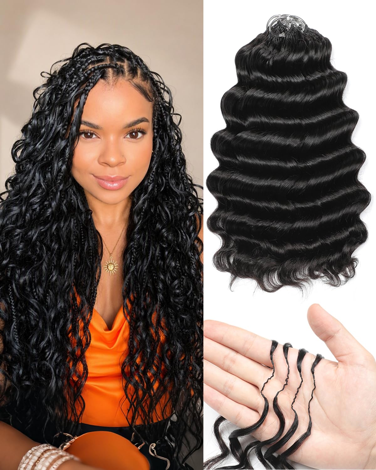 Crochet Human Hair for Black Women, Miracle Deep Wave Mini Knots Feather Crochet Human Hair Extensions 18 Inch 150g 120 Strands, Pre-Separated Invisible Knotless Remy Bundles Natural Black