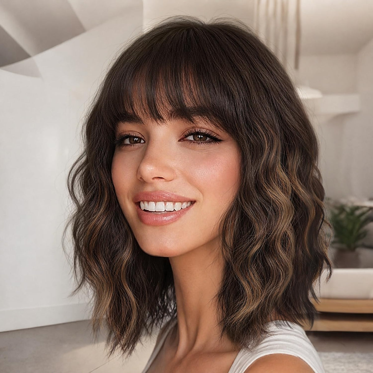 Nnzes Short Wavy Bob Wig with Bangs for Women Shoulder Length Curly Dark Brown with Purple Synthetic Heat-Resistant Fiber Hair for Daily & Party Use