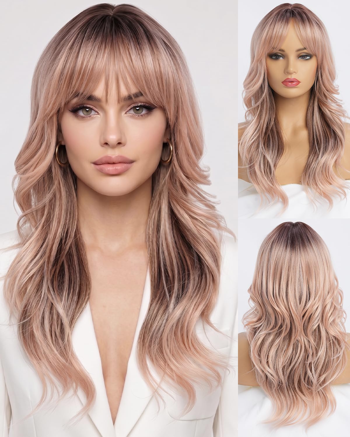 Ombre Pink Wavy Wig with Curtain Bangs 26 Inch – Long Layered Synthetic Hair Wig for Women, Natural Looking Dark Root Heat Resistant Wig, Soft Thick Full Wig for Daily Wear Party Cosplay