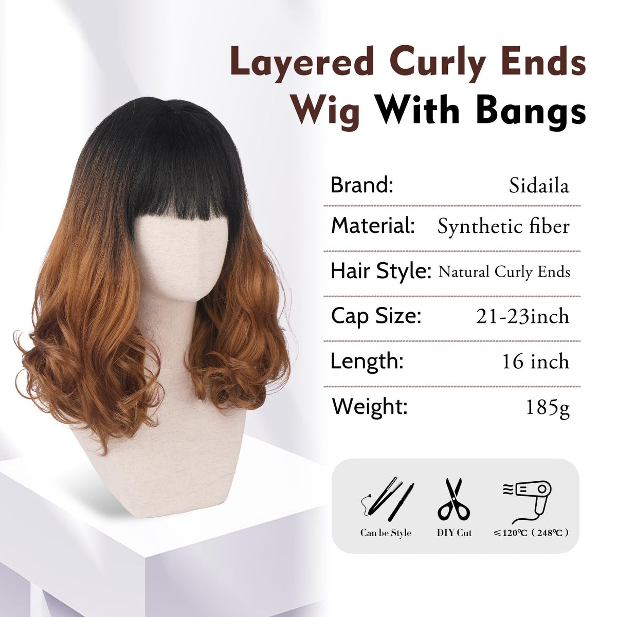 Burgundy Wig with Bangs 16 Inch Ombre Wig for Women