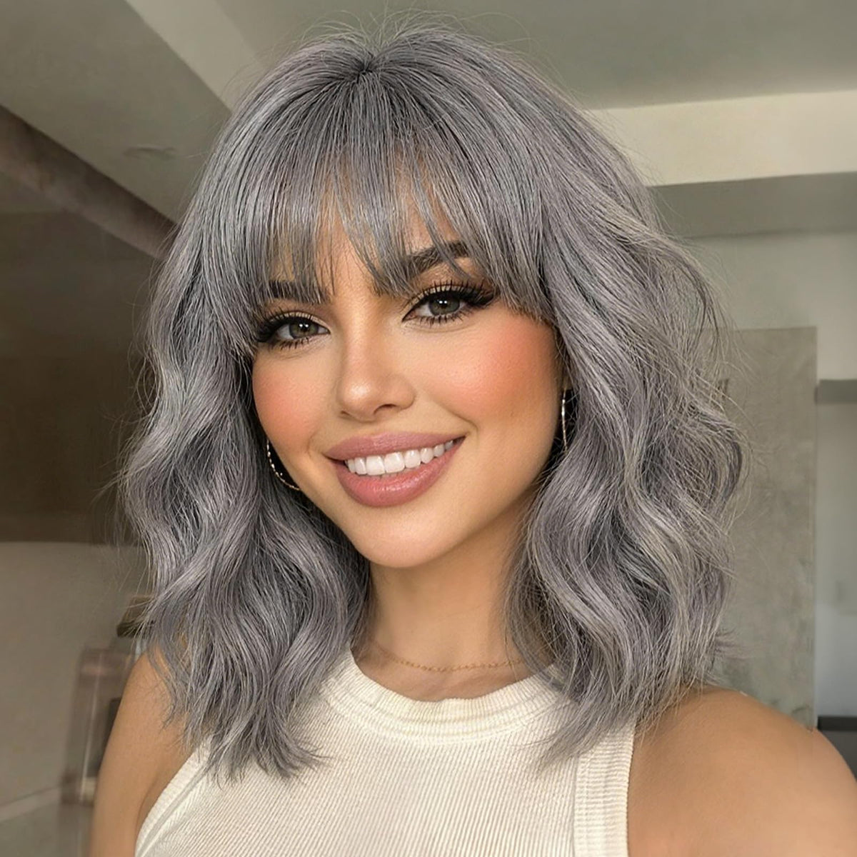 Nnzes Short Wavy Bob Wig with Bangs for Women Shoulder Length Curly Dark Brown with Purple Synthetic Heat-Resistant Fiber Hair for Daily & Party Use
